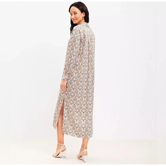 LOFT Womens Floral Maxi Shirt Dress 12 Long Sleeve Button Front Tuilerie - Picture 2 of 14